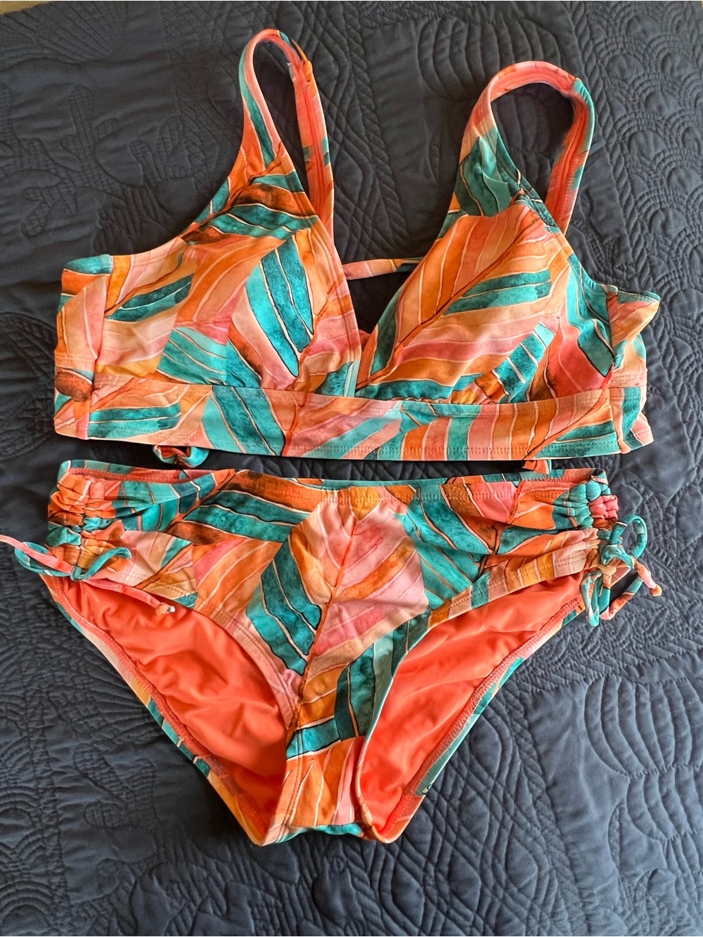 next Tropical Leaf Print Bikini Set in Coral and Teal